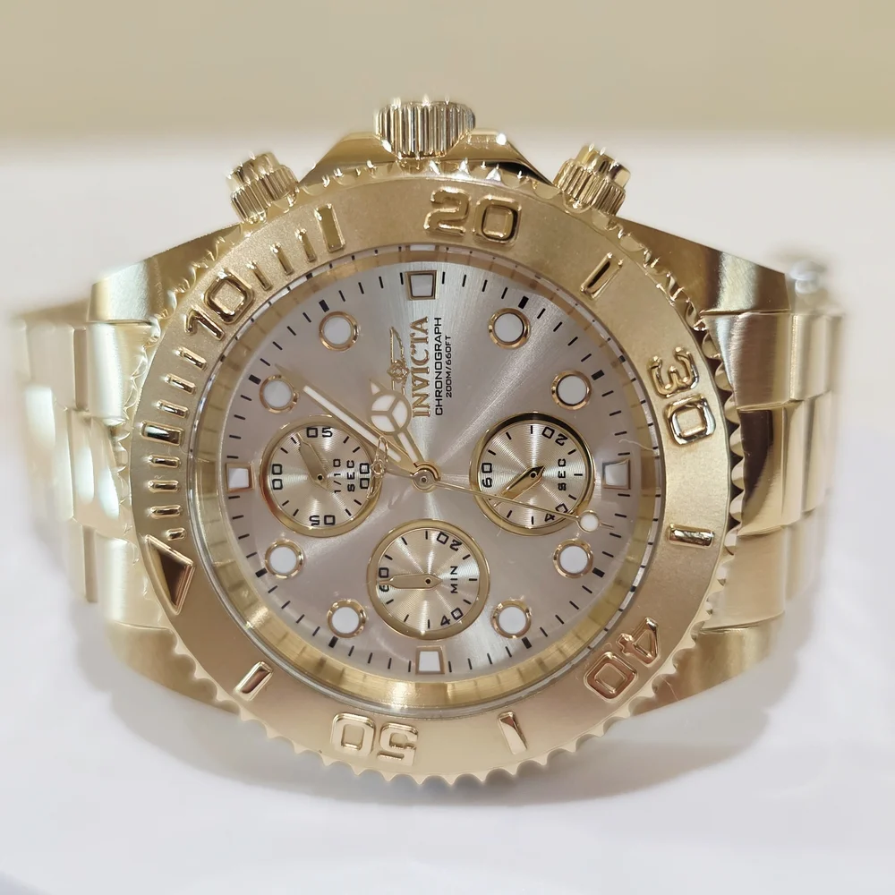 Invicta Pro Diver Chronograph Gold Men's Watch #1774 Large MSRP $695 Running